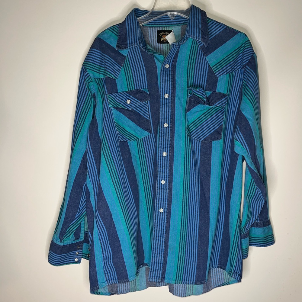 🔵 blue green striped western button down